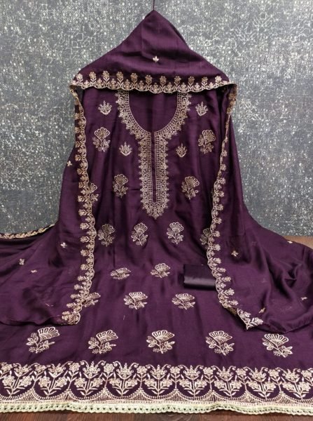 Elegant Wine Designer Vichitra Silk Suit Fabric Set with Santoon Bottom and Dupatta Color Set Matching Dress Material Wholesale