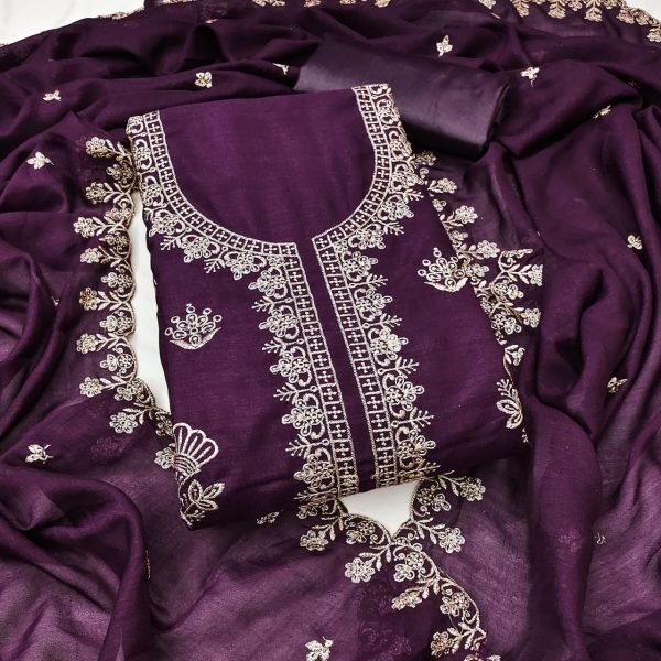 Elegant Wine Designer Vichitra Silk Suit Fabric Set with Santoon Bottom and Dupatta Color Set Matching Dress Material Wholesale