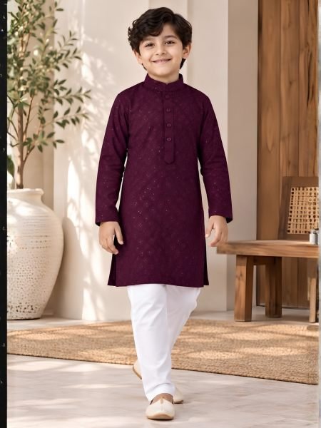 Elegant Wine Kids Rayon Chikankari Kurti Pant Set with Pocket 