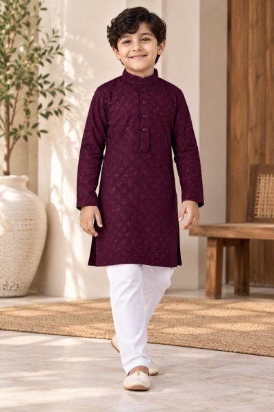 Elegant Wine Kids Rayon Chikankari Kurti Pant Set with Pocket Boys Wear