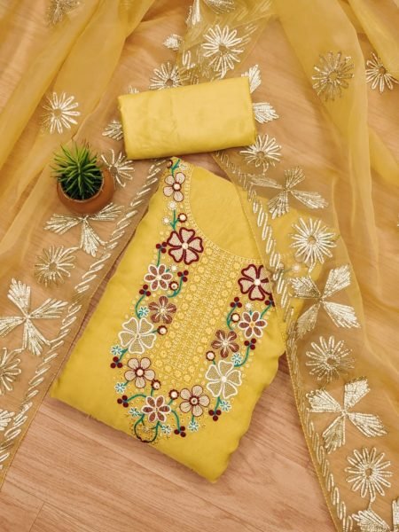 Elegant Yellow Color in Soft Organza Dress Material Collection with Gota Work Dupatta Color Set Matching Dress Material Wholesale