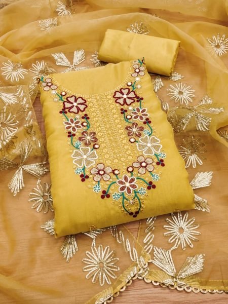 Elegant Yellow Color in Soft Organza Dress Material Collection with Gota Work Dupatta Color Set Matching Dress Material Wholesale