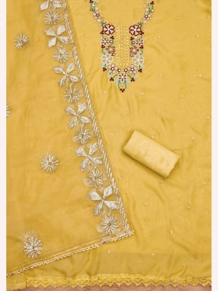 Elegant Yellow Color in Soft Organza Dress Material Collection with Gota Work Dupatta Color Set Matching Dress Material Wholesale