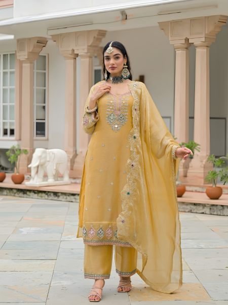 Elegant Yellow Designer Crush Satin 3 Piece Suit Set with Embroidery Work At Wholesale Rate Salwar Kameez