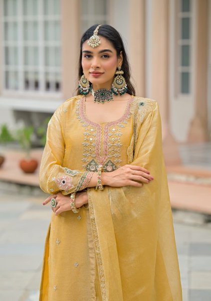 Elegant Yellow Designer Crush Satin 3 Piece Suit Set with Embroidery Work At Wholesale Rate Embroidery Suits Wholesale