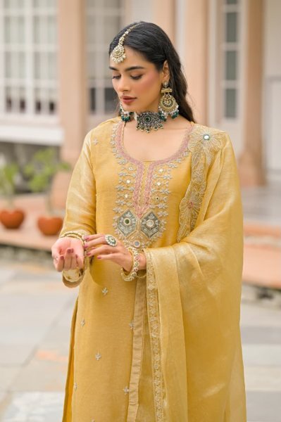 Elegant Yellow Designer Crush Satin 3 Piece Suit Set with Embroidery Work At Wholesale Rate Embroidery Suits Wholesale