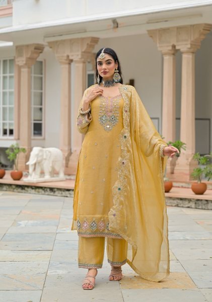 Elegant Yellow Designer Crush Satin 3 Piece Suit Set with Embroidery Work At Wholesale Rate Embroidery Suits Wholesale