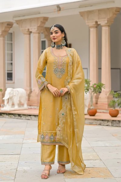 Elegant Yellow Designer Crush Satin 3 Piece Suit Set with Embroidery Work At Wholesale Rate Embroidery Suits Wholesale