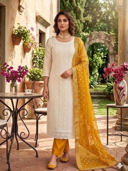 Elegant Yellow Designer Georgette Suit Set with Fancy Organza Booti Dupatta Collection 