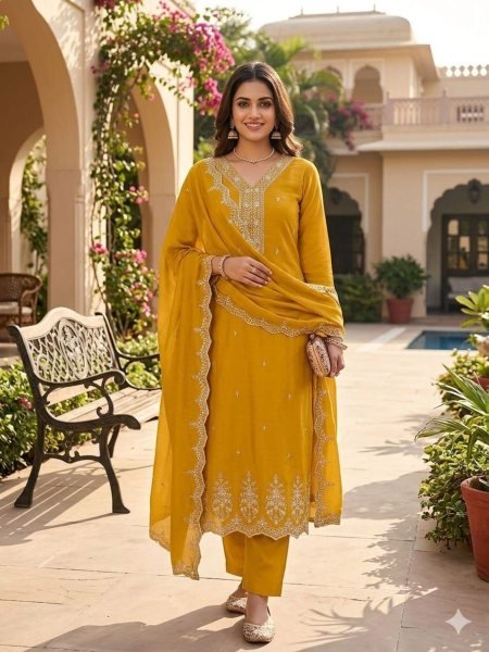 Elegant Yellow Designer Salwar Suit Material with Multi Neck and Daman Embroidery 