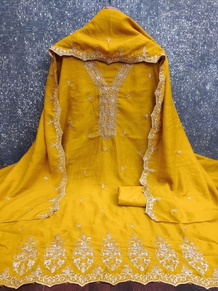 Elegant Yellow Designer Salwar Suit Material with Multi Neck and Daman Embroidery Color Set Matching Dress Material Wholesale