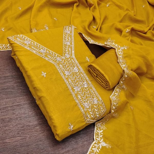 Elegant Yellow Designer Salwar Suit Material with Multi Neck and Daman Embroidery Color Set Matching Dress Material Wholesale