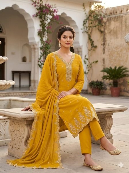Elegant Yellow Designer Salwar Suit Material with Multi Neck and Daman Embroidery Color Set Matching Dress Material Wholesale