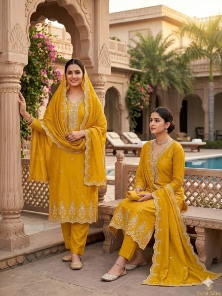 Elegant Yellow Designer Salwar Suit Material with Multi Neck and Daman Embroidery Color Set Matching Dress Material Wholesale