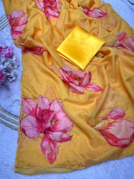 Elegant Yellow Designer Soft Chiffon Floral Print Saree with Cutwork Border 