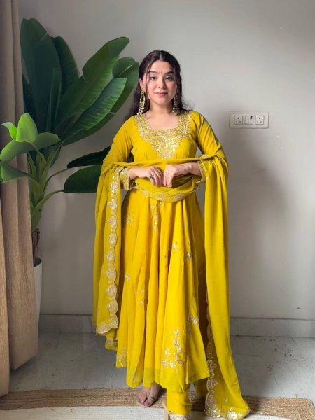 Elegant Yellow Fox Georgette Kurti Pant Dupatta Set with Heavy Sequins Embroidery 
