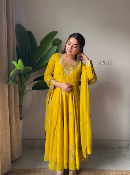 Elegant Yellow Fox Georgette Kurti Pant Dupatta Set with Heavy Sequins Embroidery Ready To Wear Collection
