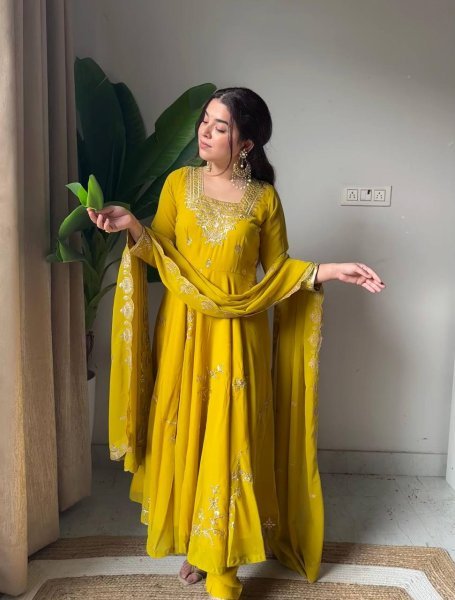 Elegant Yellow Fox Georgette Kurti Pant Dupatta Set with Heavy Sequins Embroidery Ready To Wear Collection