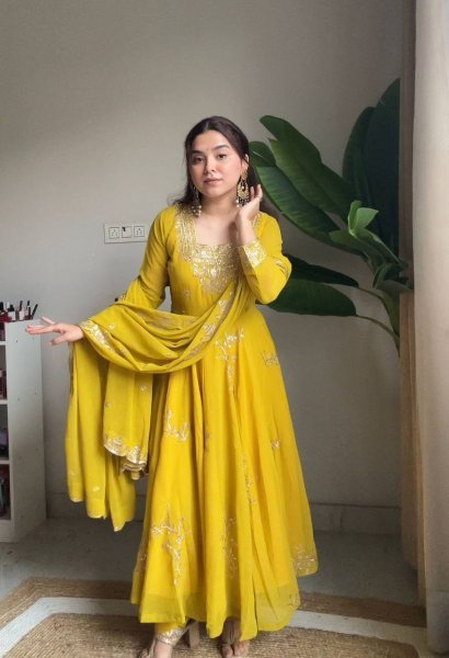 Elegant Yellow Fox Georgette Kurti Pant Dupatta Set with Heavy Sequins Embroidery Ready To Wear Collection
