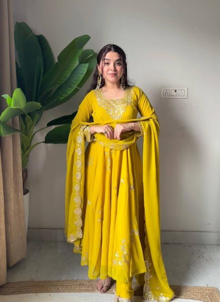 Elegant Yellow Fox Georgette Kurti Pant Dupatta Set with Heavy Sequins Embroidery Ready To Wear Collection