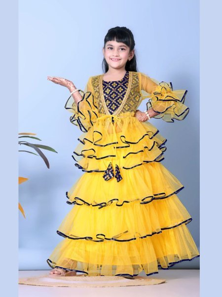 Elegant Yellow Fully Stitch Net Lehenga Choli with Jacket at Wholesale Rate Girls Wear