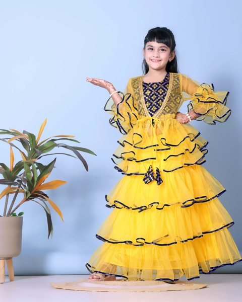 Elegant Yellow Fully Stitch Net Lehenga Choli with Jacket at Wholesale Rate Girls Wear