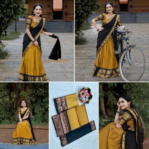 Elegant Yellow Kanjivaram Silk Half Saree Set with Banarasi Zari Work Blouse Half Saree Lehenga