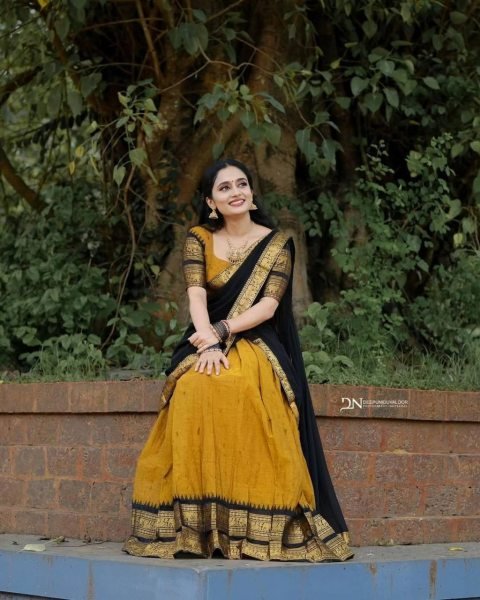 Elegant Yellow Kanjivaram Silk Half Saree Set with Banarasi Zari Work Blouse Half Saree Lehenga