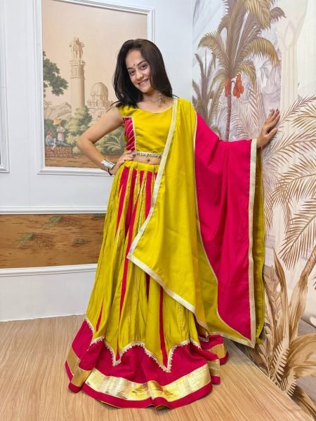 Elegant Yellow Pink Roman Silk Lehenga Choli with Matching Fancy Lace Dupatta  Lehenga