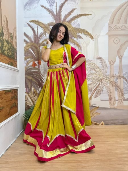 Elegant Yellow Pink Roman Silk Lehenga Choli with Matching Fancy Lace Dupatta Navratri Lehnega Choli