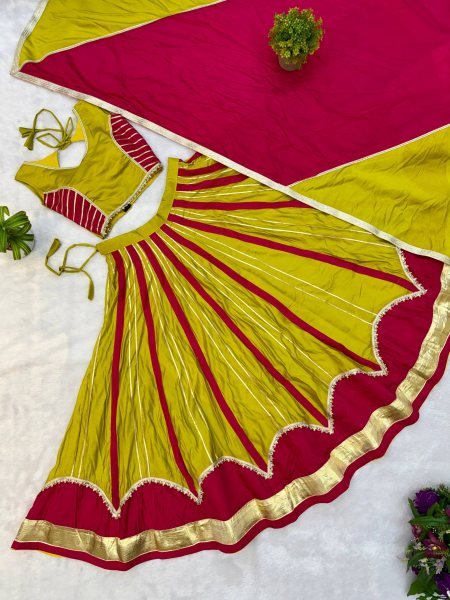 Elegant Yellow Pink Roman Silk Lehenga Choli with Matching Fancy Lace Dupatta Navratri Lehnega Choli