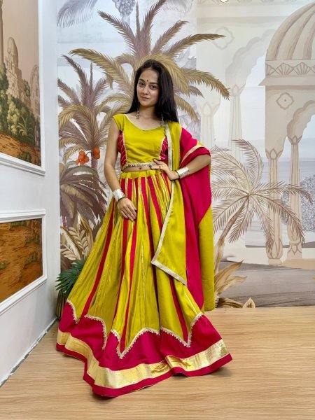 Elegant Yellow Pink Roman Silk Lehenga Choli with Matching Fancy Lace Dupatta Navratri Lehnega Choli