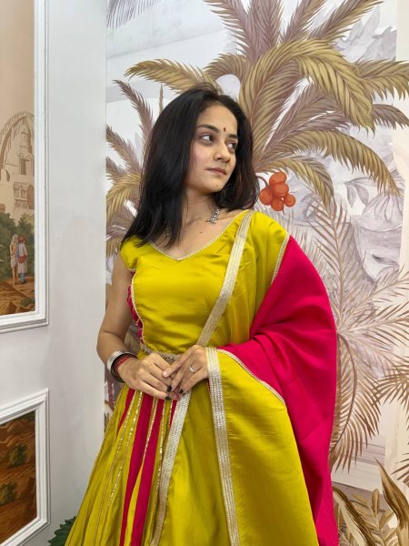 Elegant Yellow Pink Roman Silk Lehenga Choli with Matching Fancy Lace Dupatta Navratri Lehnega Choli