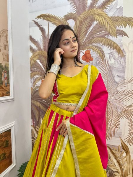Elegant Yellow Pink Roman Silk Lehenga Choli with Matching Fancy Lace Dupatta Navratri Lehnega Choli
