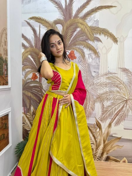 Elegant Yellow Pink Roman Silk Lehenga Choli with Matching Fancy Lace Dupatta Navratri Lehnega Choli