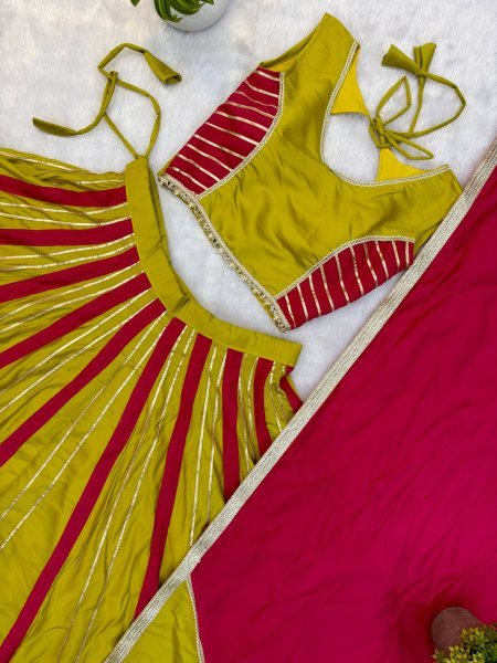Elegant Yellow Pink Roman Silk Lehenga Choli with Matching Fancy Lace Dupatta Navratri Lehnega Choli