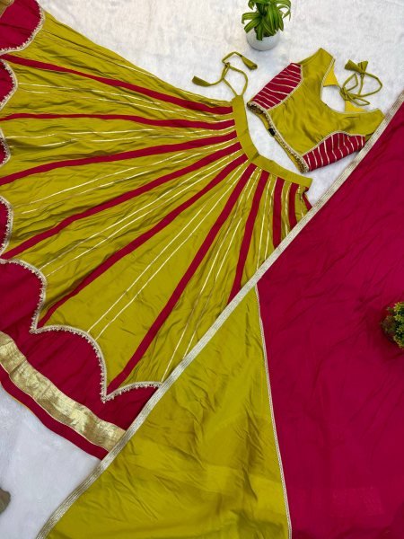 Elegant Yellow Pink Roman Silk Lehenga Choli with Matching Fancy Lace Dupatta Navratri Lehnega Choli
