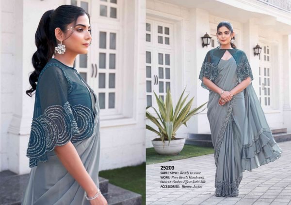 Elegantly Crafted Heavy Beadwork Satin Silk Ombre Saree with Designer Jacket for Weddings   Parties Designer Wedding Sarees Wholesale