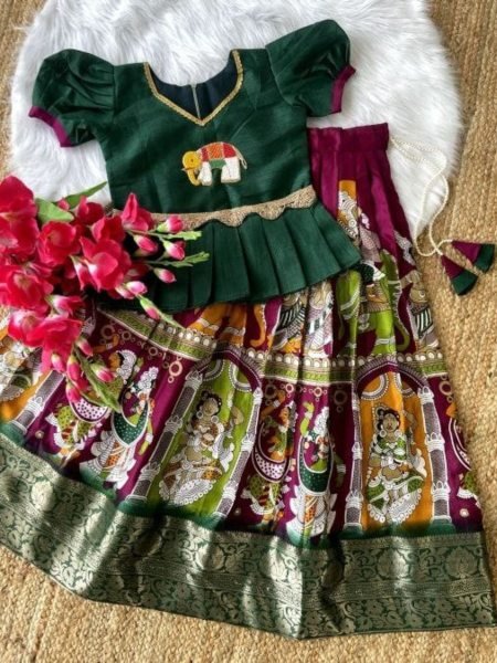 Elephant Motif Temple Print Pattu Lehenga for Kids with Peplum Blouse Kurtis