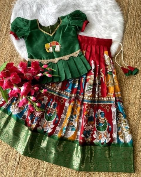 Elephant Motif Temple Print Pattu Lehenga for Kids with Peplum Blouse Girls Wear