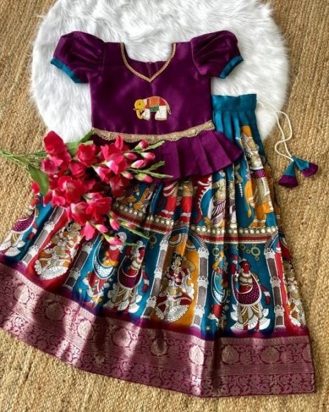 Elephant Motif Temple Print Pattu Lehenga for Kids with Peplum Blouse Girls Wear