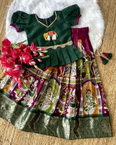 Elephant Motif Temple Print Pattu Lehenga for Kids with Peplum Blouse Girls Wear