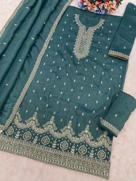 Elite Blue Gold Crush Embroidered Silk Suit at Wholesale Rate Designer Plazzo Salwar Suits Wholesale