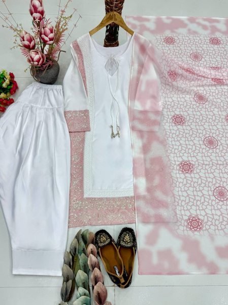 Elite Collection Coding Embroidery Sequence work Top With Natural Silk Plazzo And Dupatta Ready To Wear Collection