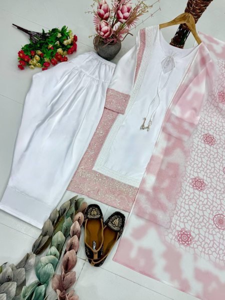 Elite Collection Coding Embroidery Sequence work Top With Natural Silk Plazzo And Dupatta Ready To Wear Collection