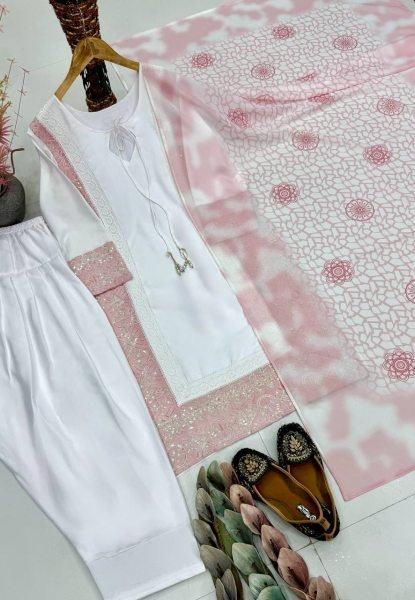 Elite Collection Coding Embroidery Sequence work Top With Natural Silk Plazzo And Dupatta Ready To Wear Collection
