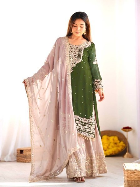 Elite Green Embroidered Palazzo Suit Festive Georgette Set for All Occasions Ready To Wear Suit