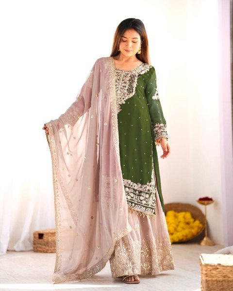 Elite Green Embroidered Palazzo Suit Festive Georgette Set for All Occasions Ready To Wear Collection