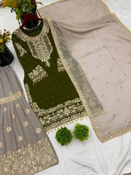 Elite Green Embroidered Palazzo Suit Festive Georgette Set for All Occasions Ready To Wear Collection