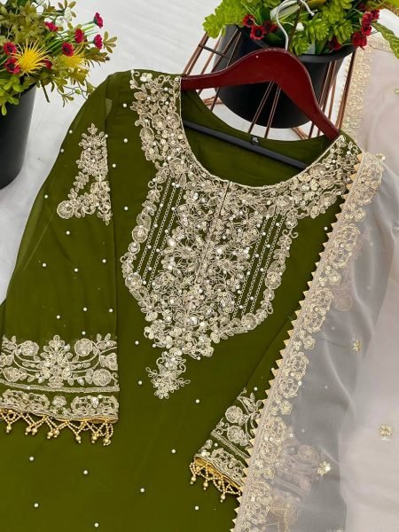 Elite Green Embroidered Palazzo Suit Festive Georgette Set for All Occasions Ready To Wear Collection